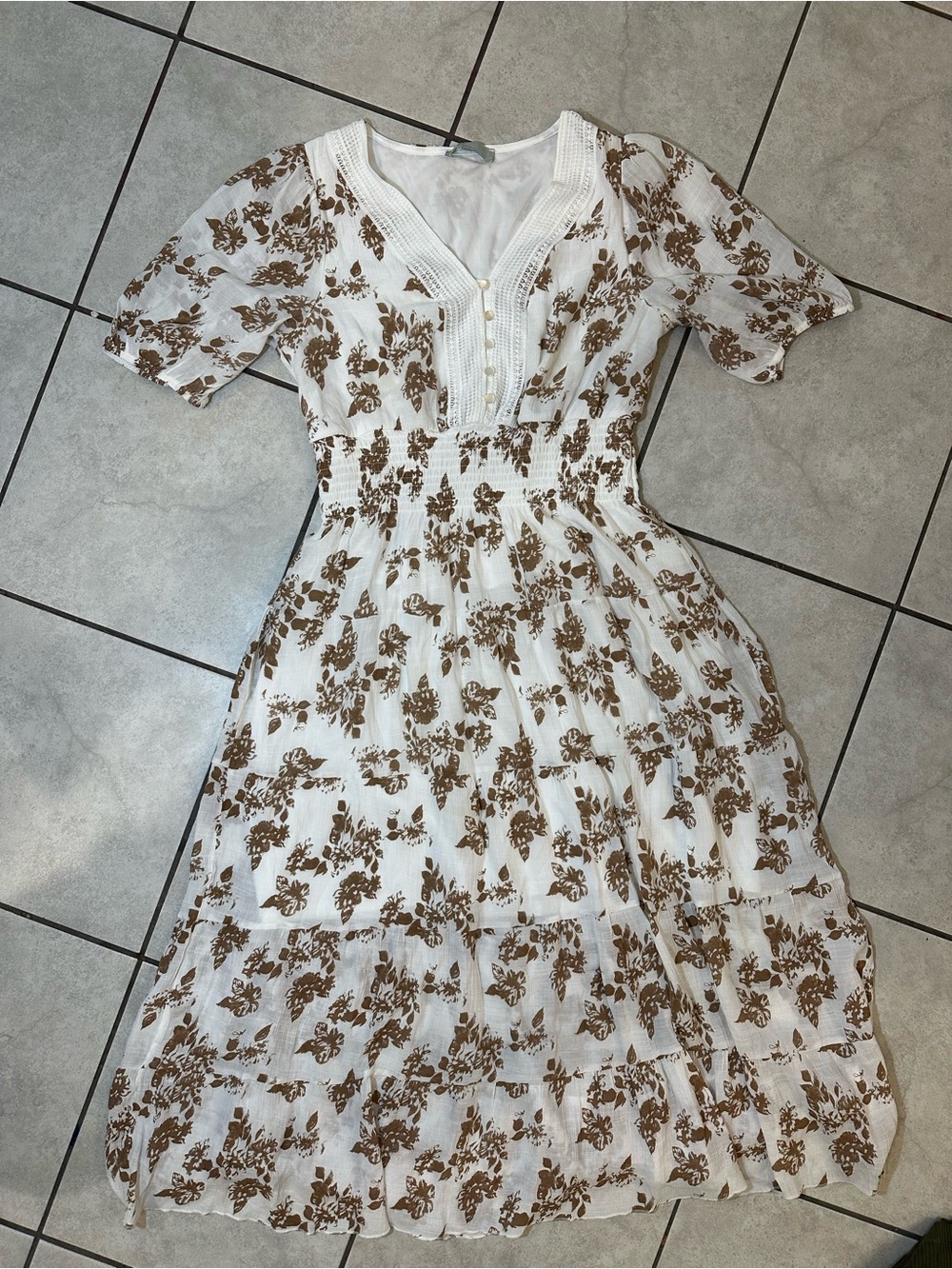 Smocked V‑Neck White Midi Dress with Brown Floral Print brand: J. Gee
